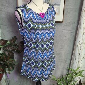 Tory Burch Silk Tank Top Blue Green Diamond Ikat Print Sleeveless Size 8